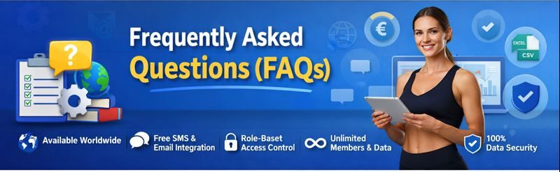 FAQ banner for FitplusCRM gym management software showcasing features like global access, data security, and role-based control